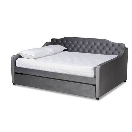 Baxton Studio Freda Grey Velvet and Button Tufted Full Size Daybed with Trundle 164-10409